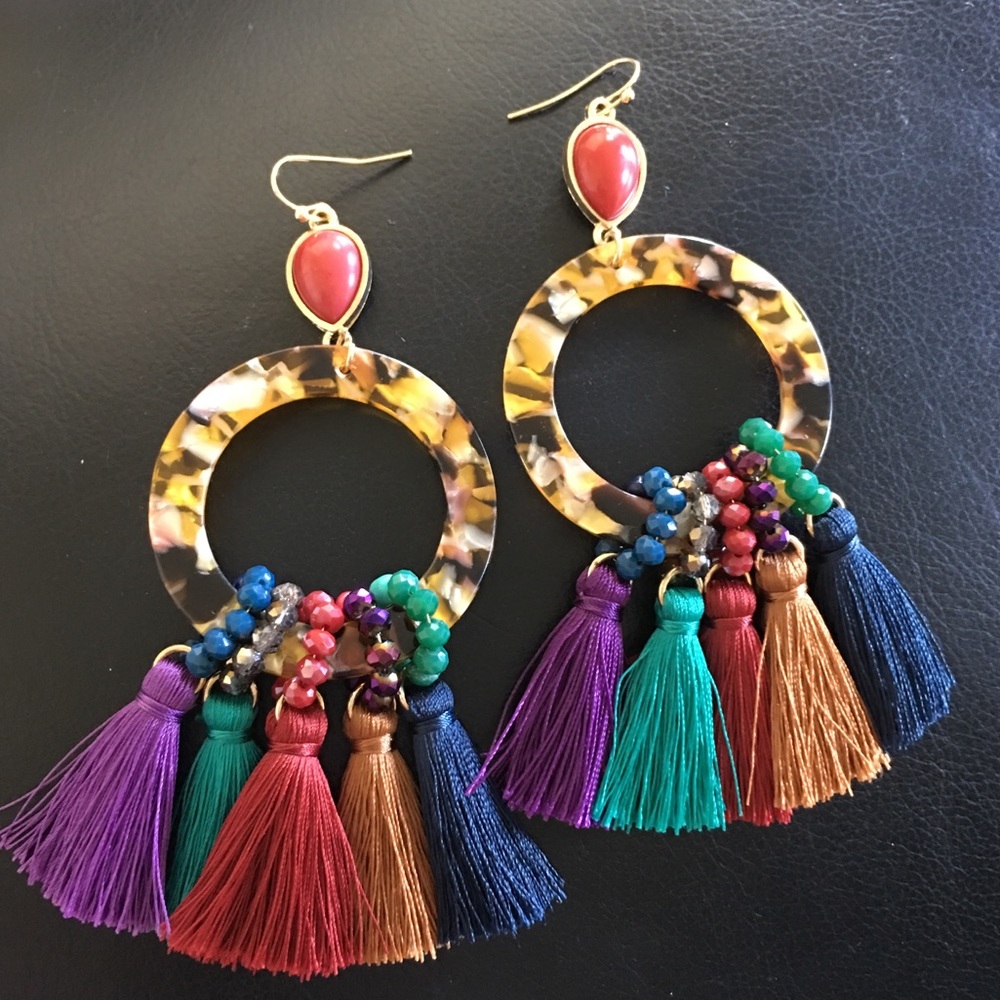 Multi Color Acetate fringe‎ Beaded Dangle earrings